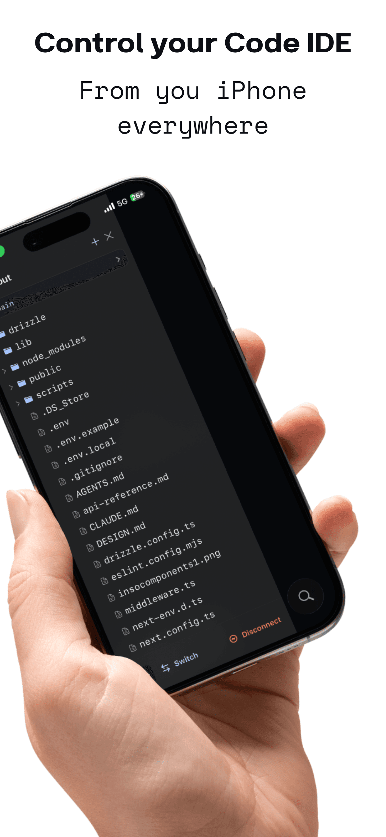Browsing project files on your phone, the full VS Code file tree.