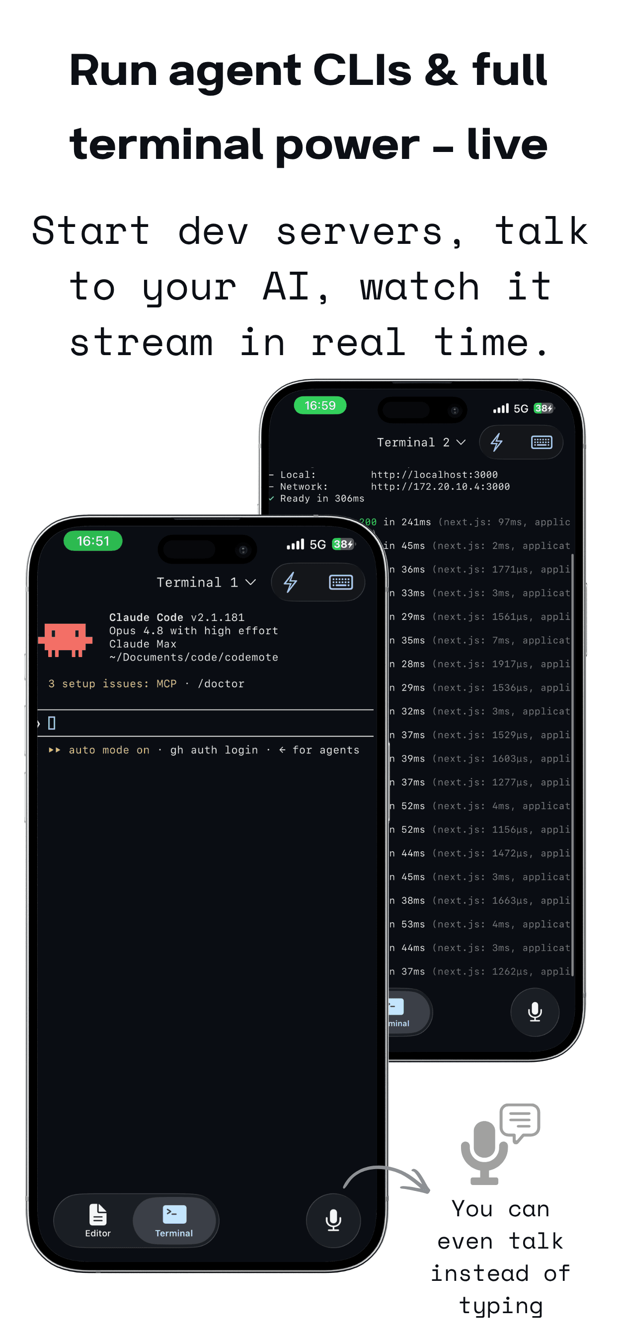Running agent CLIs and live terminals streaming in real time.