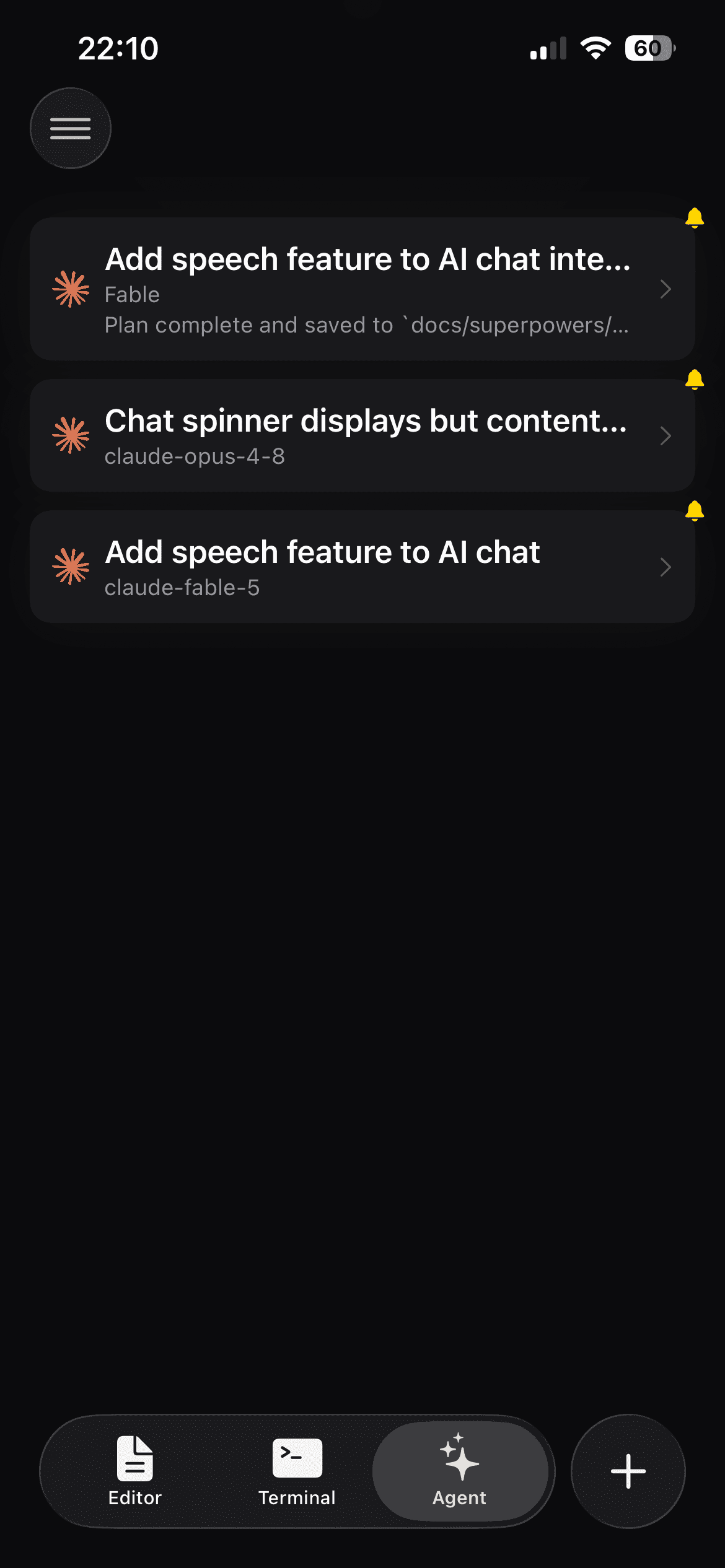 The agent list in CodeMote: three chats on different Claude models, each with pending notifications.