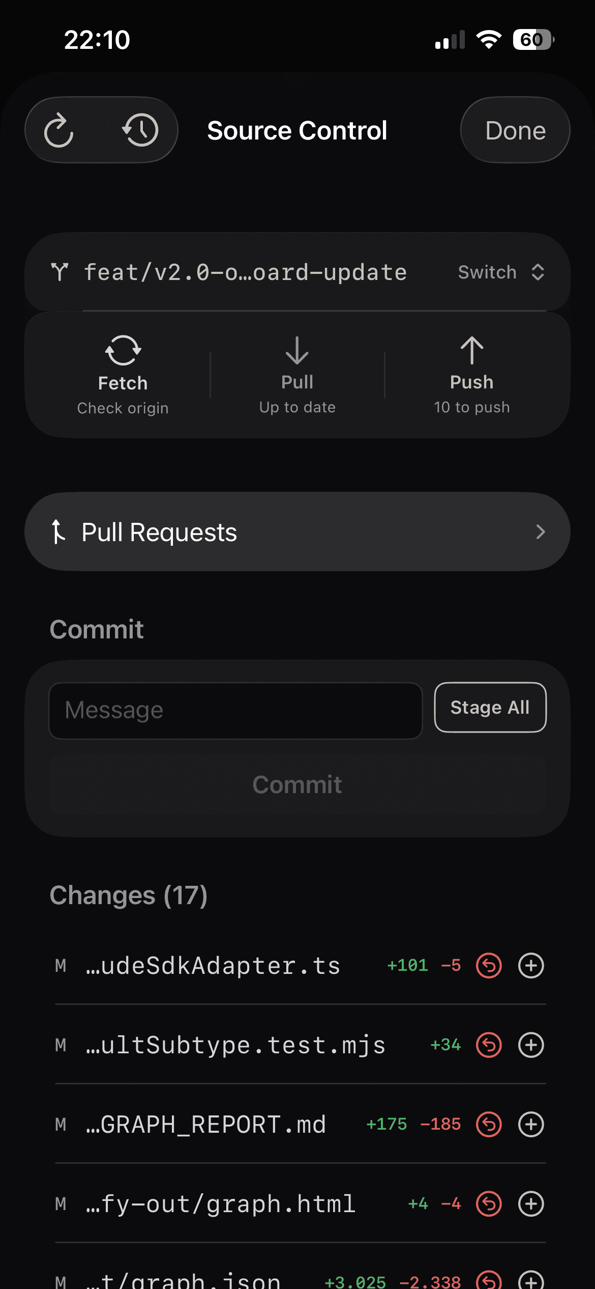 CodeMote's Source Control screen: branch switcher, fetch, pull, push, and staged changes.
