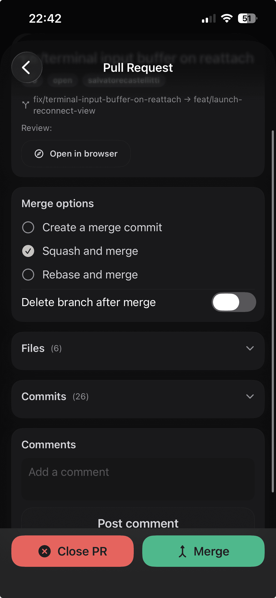A pull request in CodeMote: merge options, files, commits, and the Merge button.