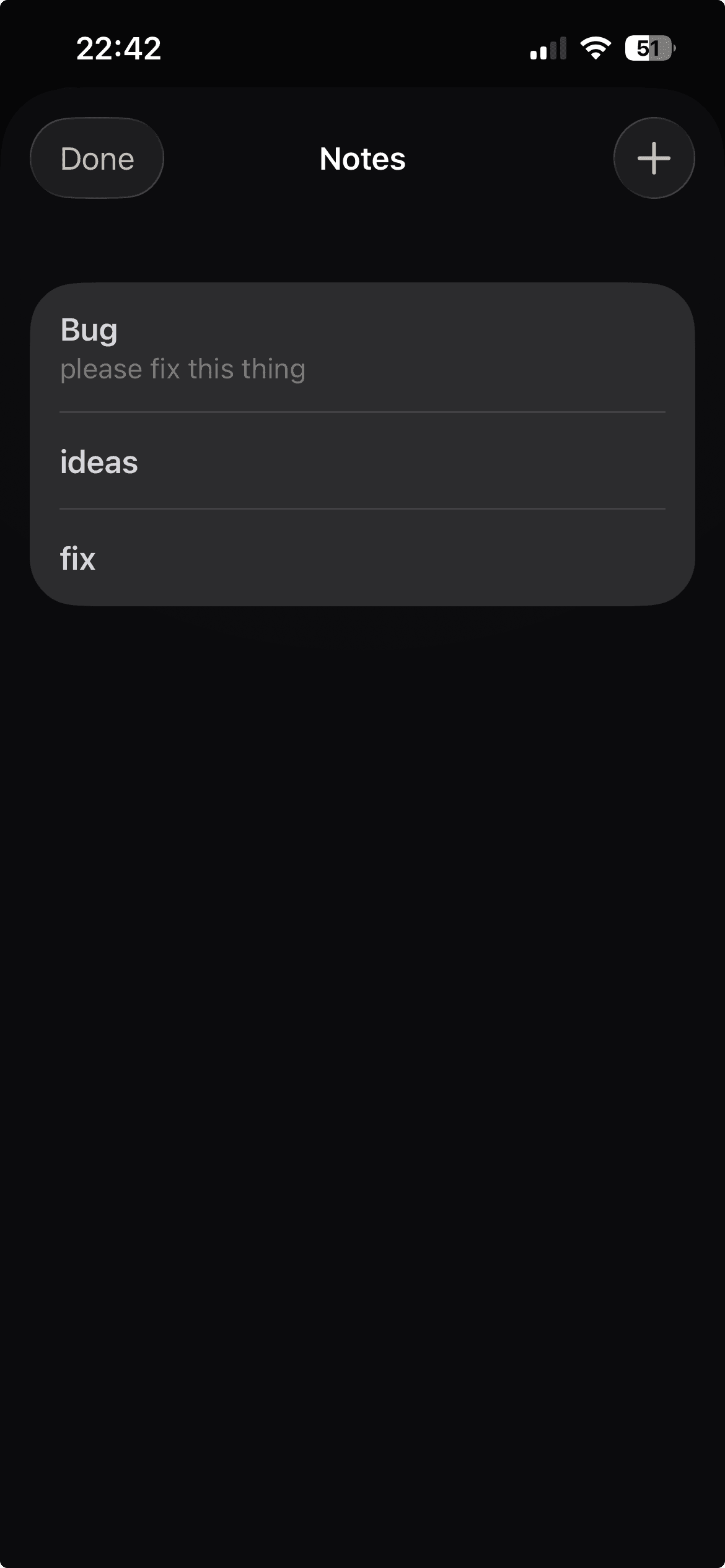 CodeMote Notes holding quick captures: a bug, ideas, and a fix.
