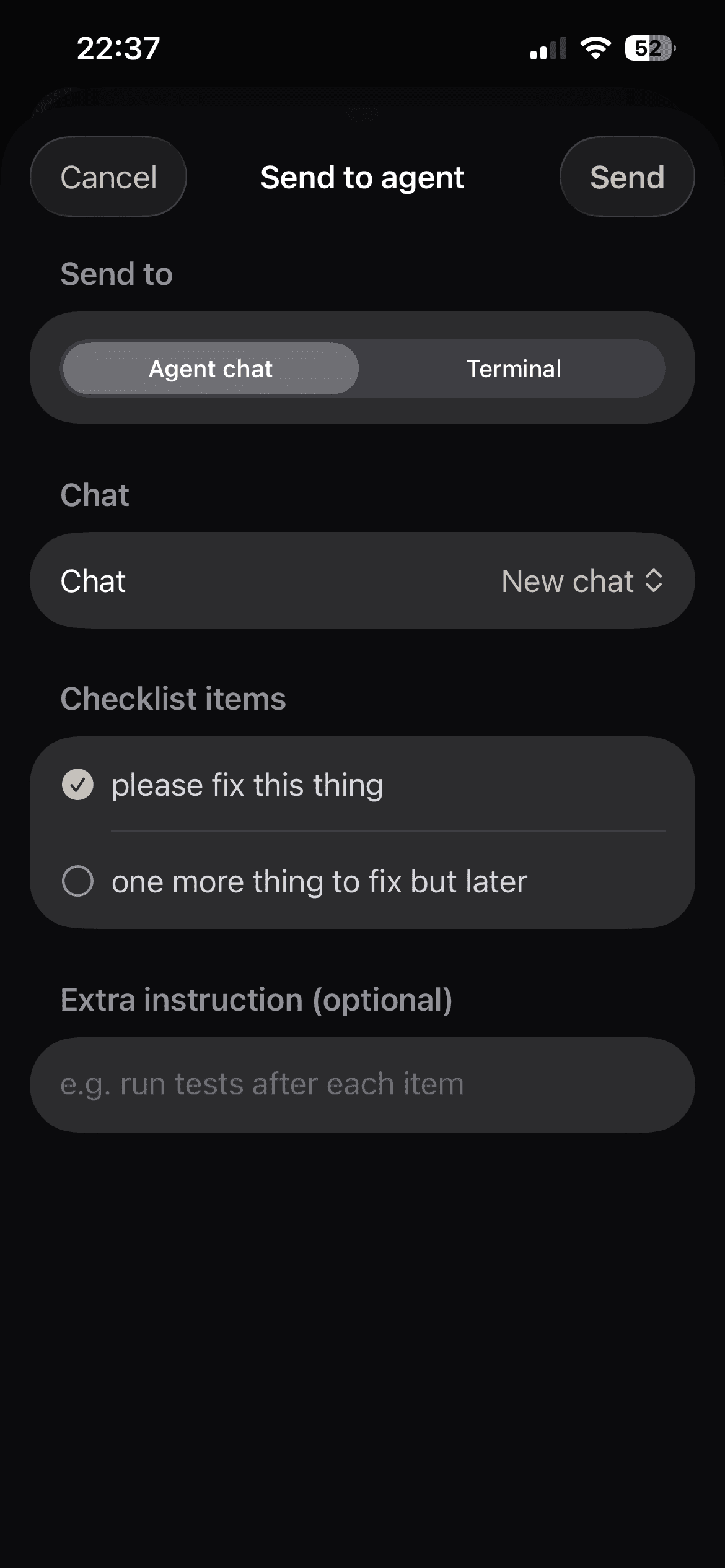 Sending note checklist items straight into an agent chat or terminal.
