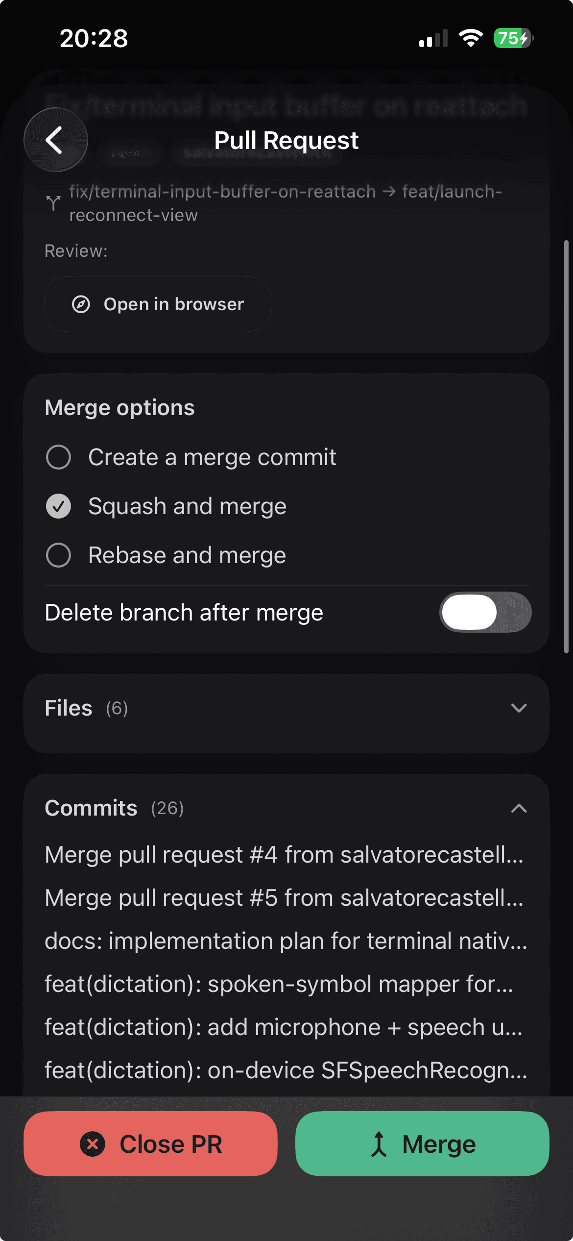 CodeMote's pull request screen on an iPhone: merge options, files, commits, and Close PR / Merge buttons.