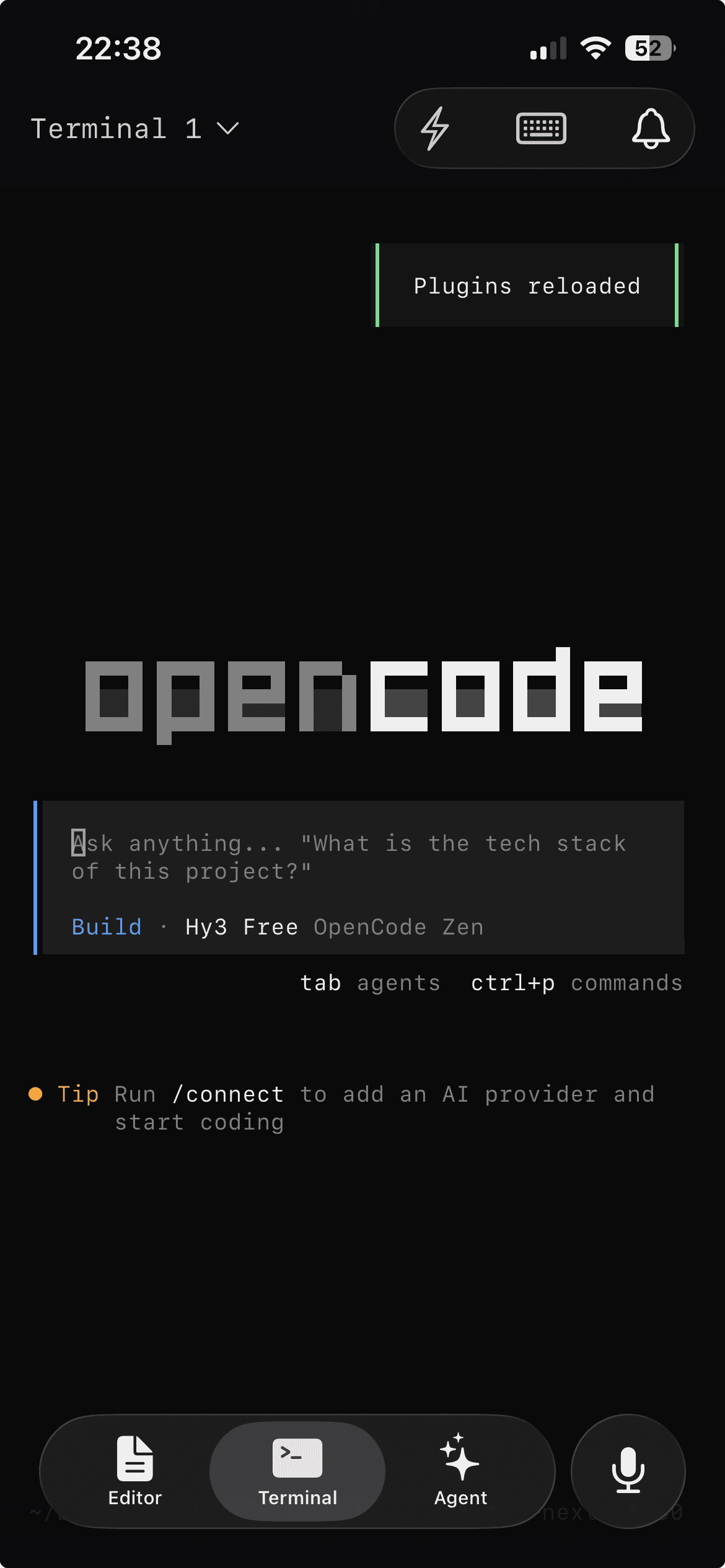 opencode running in a real terminal inside CodeMote.