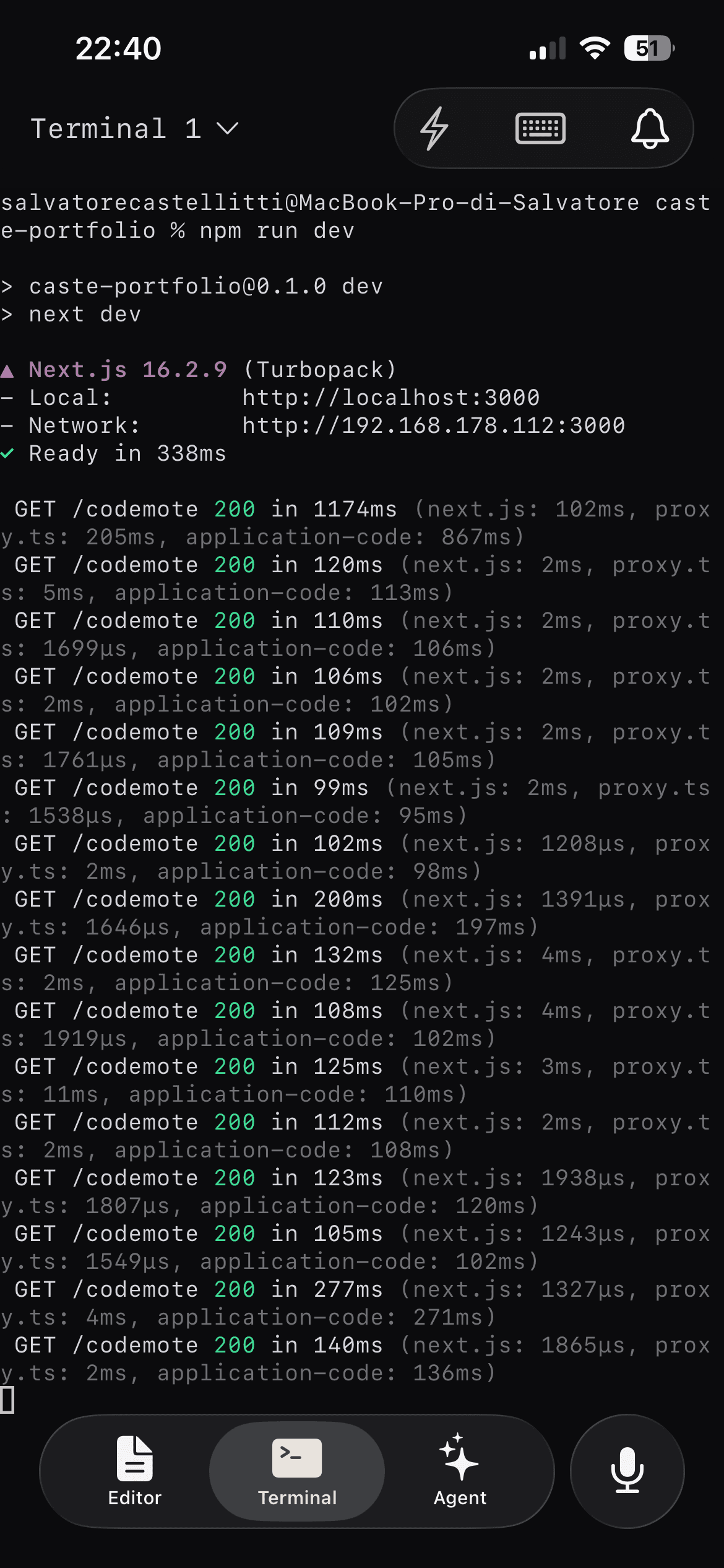 A Next.js dev server streaming request logs live into a CodeMote terminal.