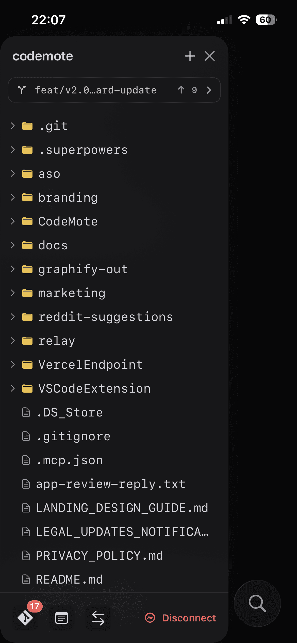CodeMote's file browser on an iPhone: the full project tree, with the current branch and pending pushes one tap away.