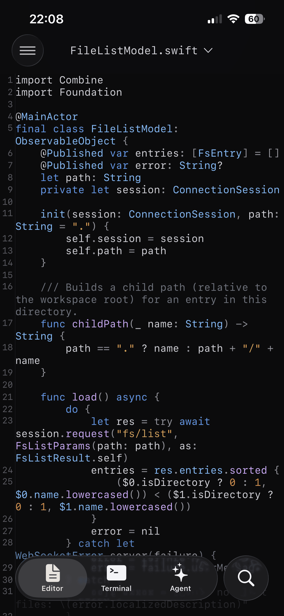 Editing a Swift file in CodeMote's editor, with syntax highlighting and line numbers.